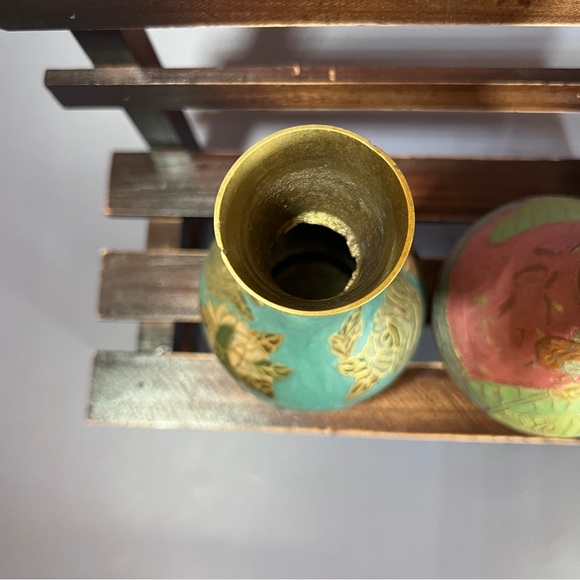 Set Of 2 Small Vintage Indian Brass Cloisonne Vases - Picture 6 of 10